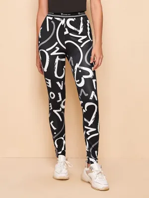 Allover Letter Graphic Tape Waist Leggings