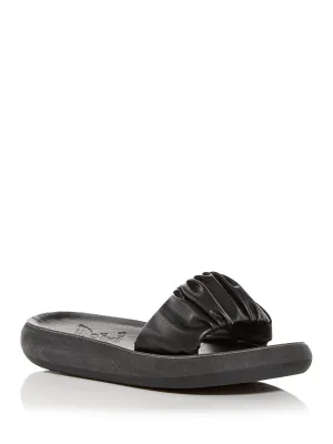 ANCIENT GREEK SANDALS Womens Black Comfort Ruched Taygete Round Toe Wedge Slip On Leather Slide Sandals Shoes