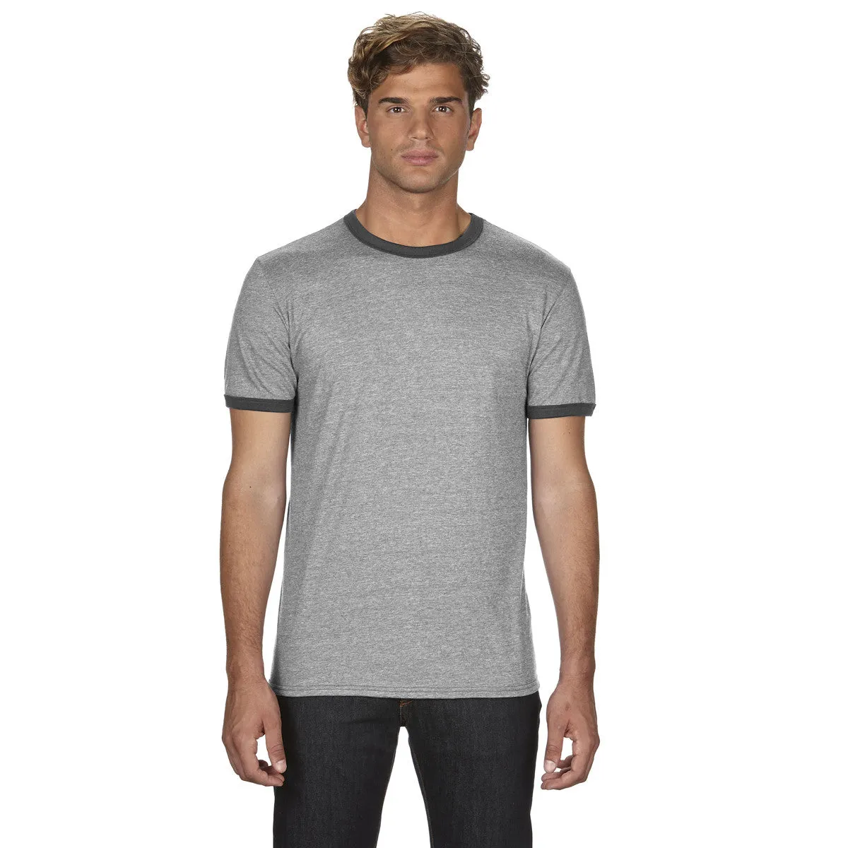 Anvil Men's Heather Grey/True Heather Dark Grey Lightweight Ringer T-Shirt