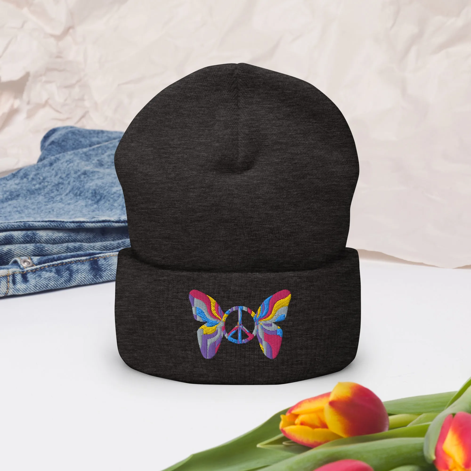 Colorful Butterfly Peace Sign Embroidered Cuffed Beanie Cozy & Stylish, lioness-love.com