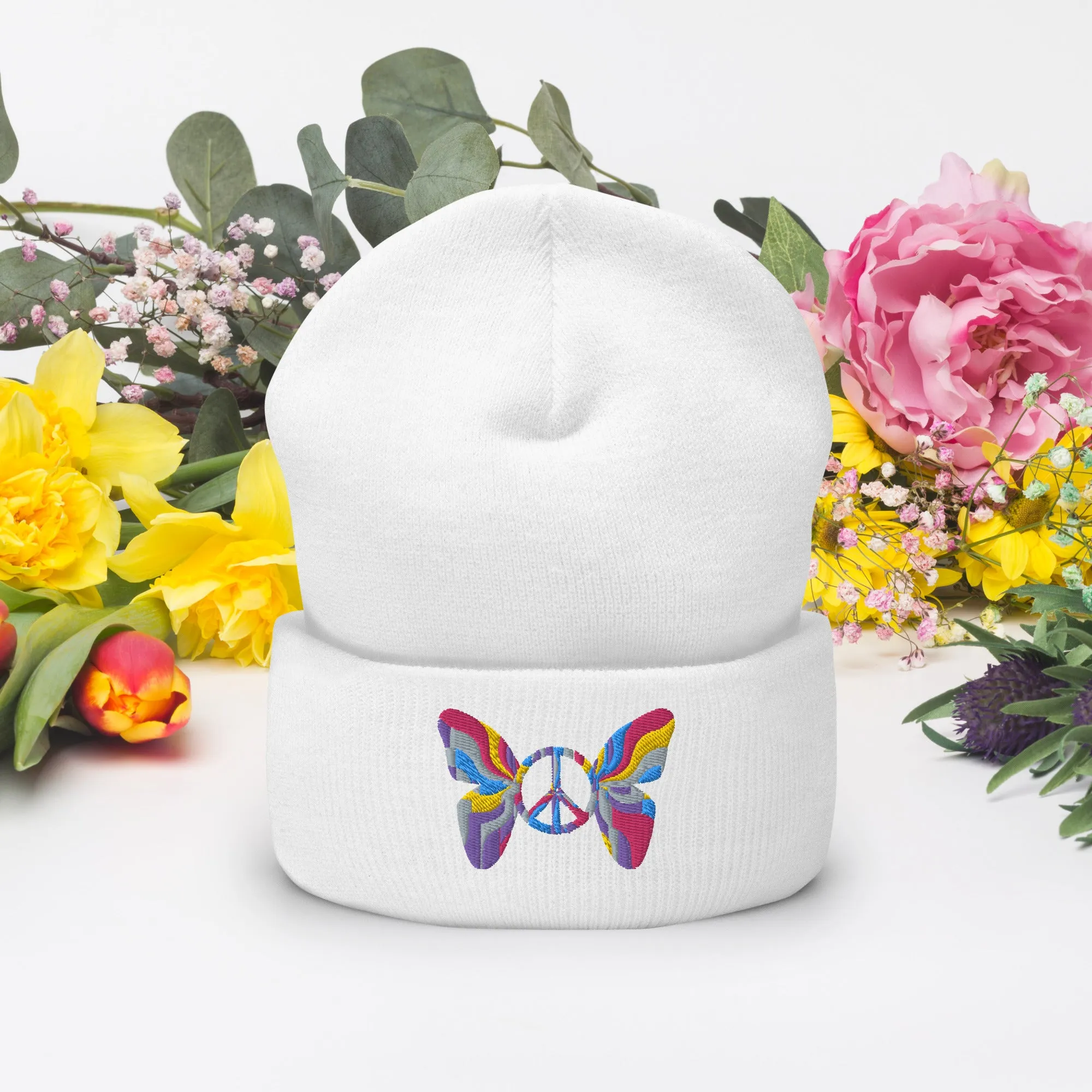 Colorful Butterfly Peace Sign Embroidered Cuffed Beanie Cozy & Stylish, lioness-love.com