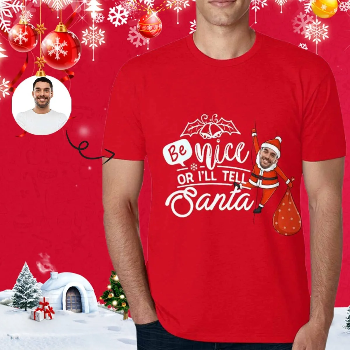 Custom Face Shirts with Santa Christmas Personalized Men's All Over Print T-shirt for Him Unique Gift