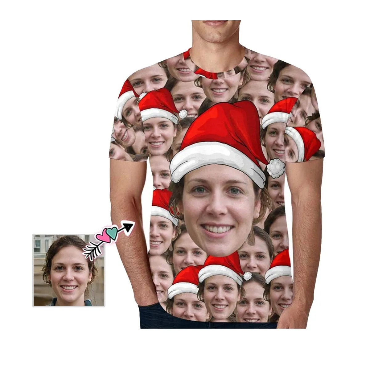 Custom Face Tee Christmas Hats Men's All Over Print T-shirt Personalzied Shirts with Photo for Him