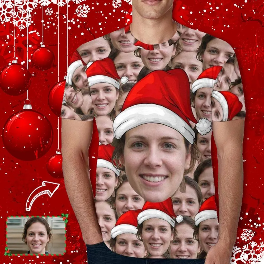Custom Face Tee Christmas Hats Men's All Over Print T-shirt Personalzied Shirts with Photo for Him