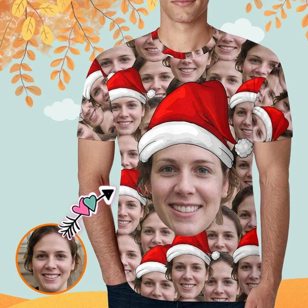 Custom Face Tee Christmas Hats Men's All Over Print T-shirt Personalzied Shirts with Photo for Him