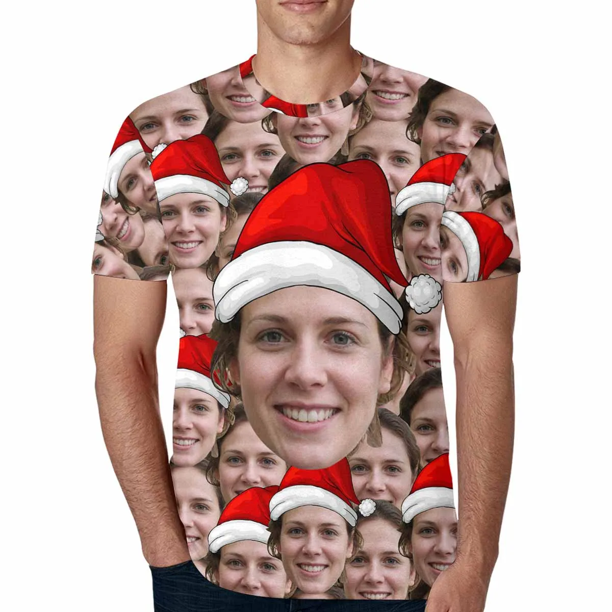 Custom Face Tee Christmas Hats Men's All Over Print T-shirt Personalzied Shirts with Photo for Him