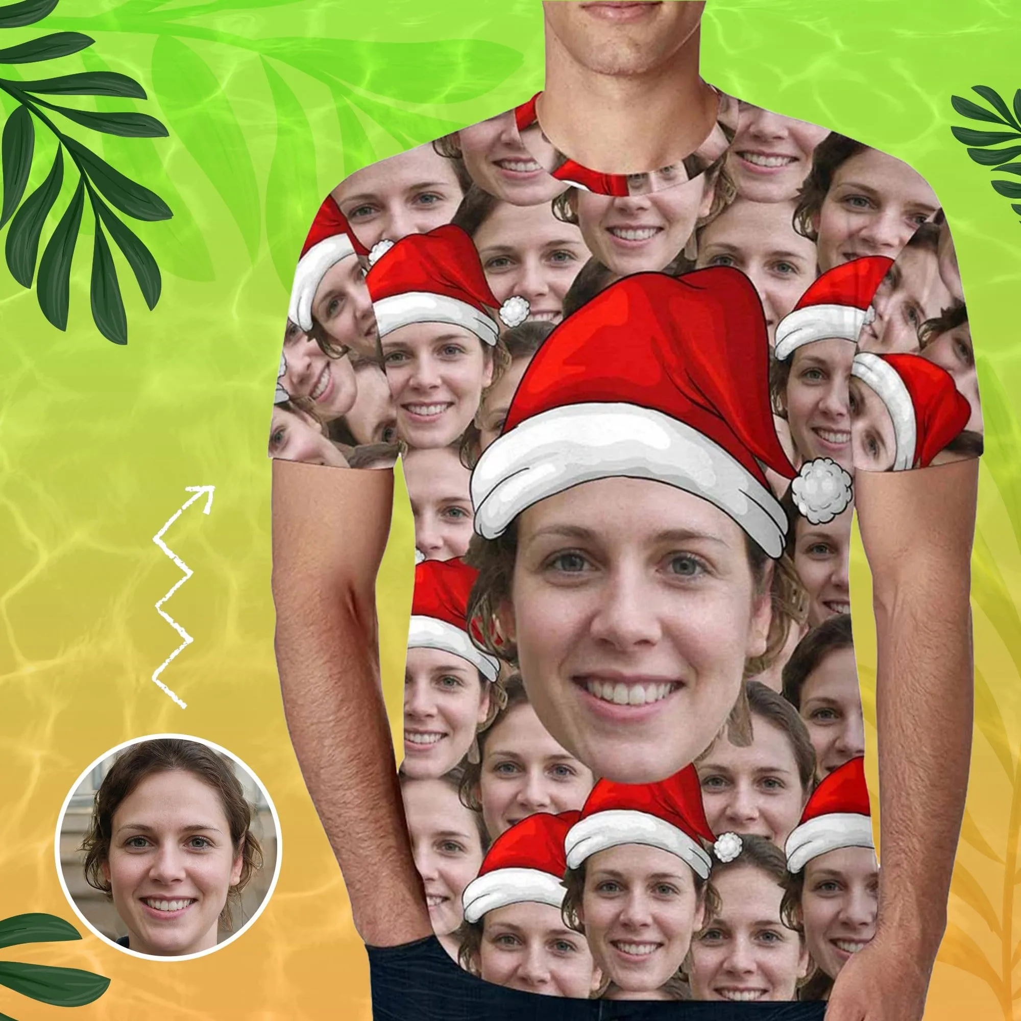 Custom Face Tee Christmas Hats Men's All Over Print T-shirt Personalzied Shirts with Photo for Him