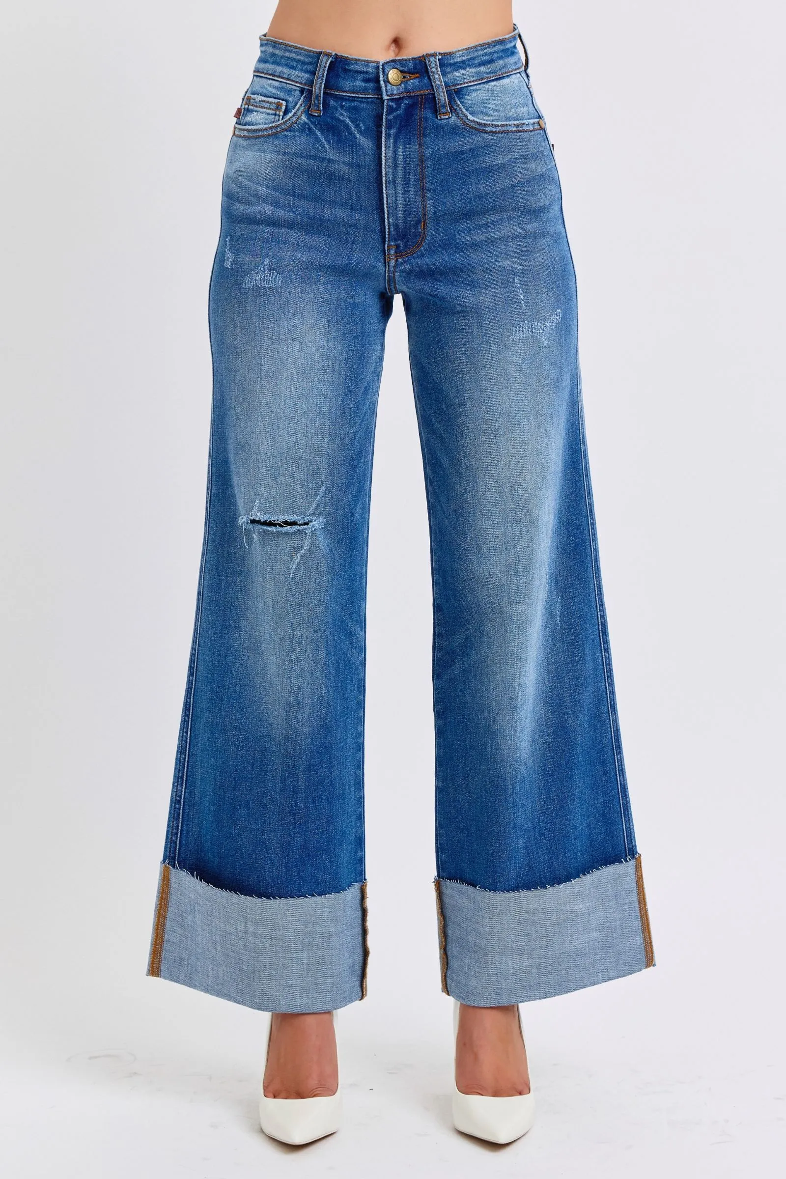 Desi High Rise Distressed Retro Wide Leg Jeans
