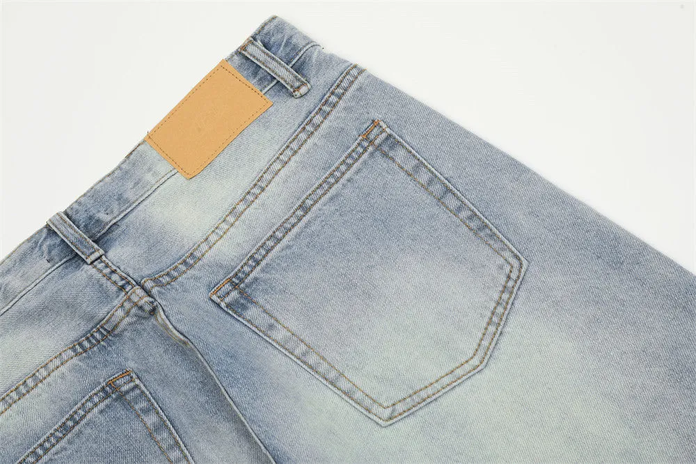 Distressed Wash Wide-leg Jeans Retro