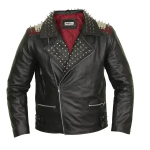 Edgy Black Leather Biker Jacket with Red Quilted Lining