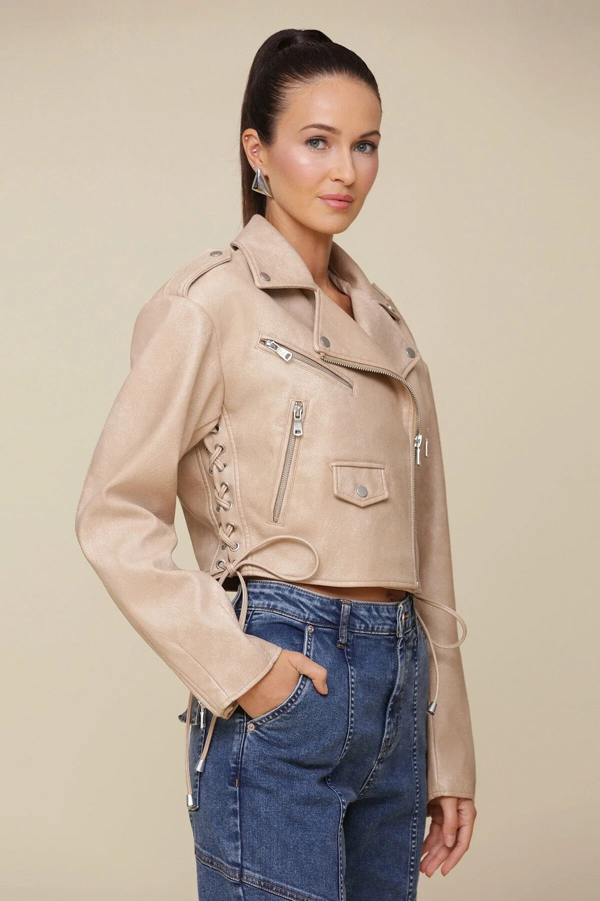 Faux-Ever Leather™ Cropped Lace Up Biker Jacket