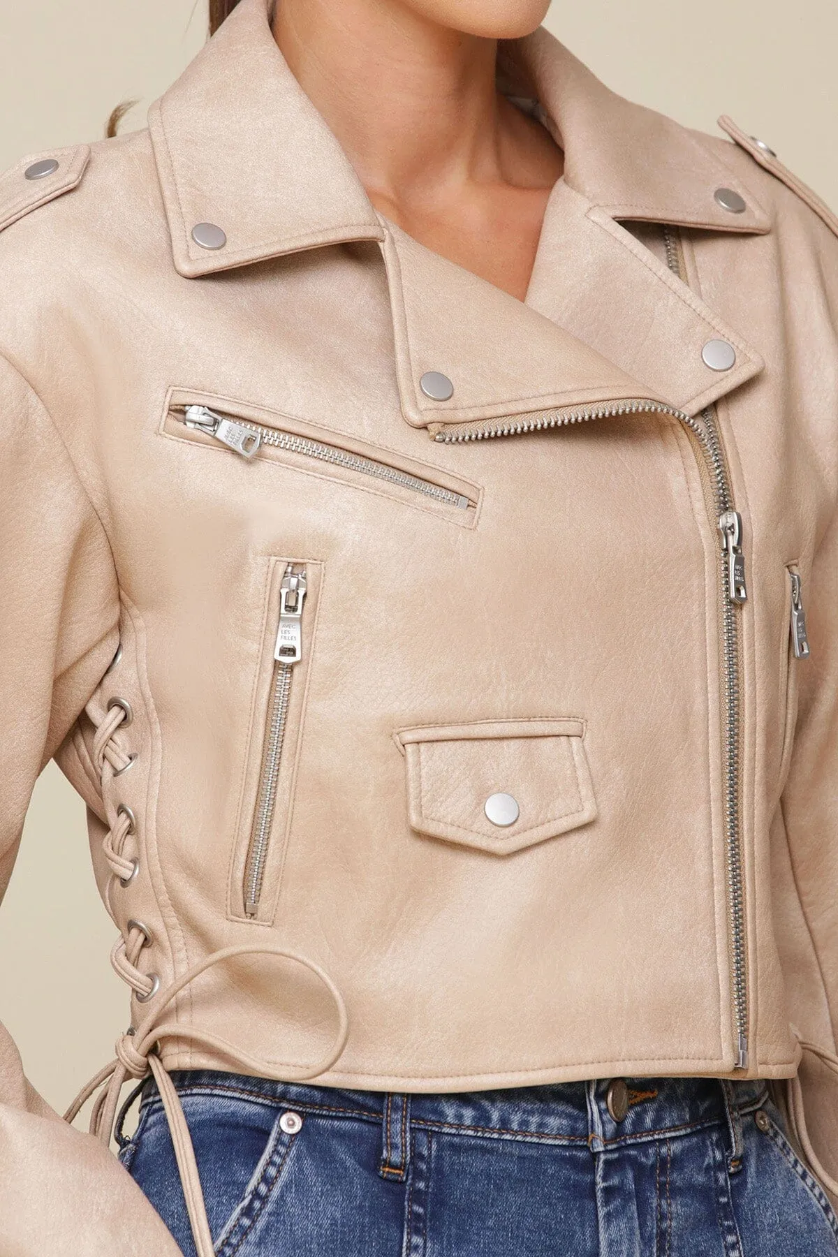 Faux-Ever Leather™ Cropped Lace Up Biker Jacket