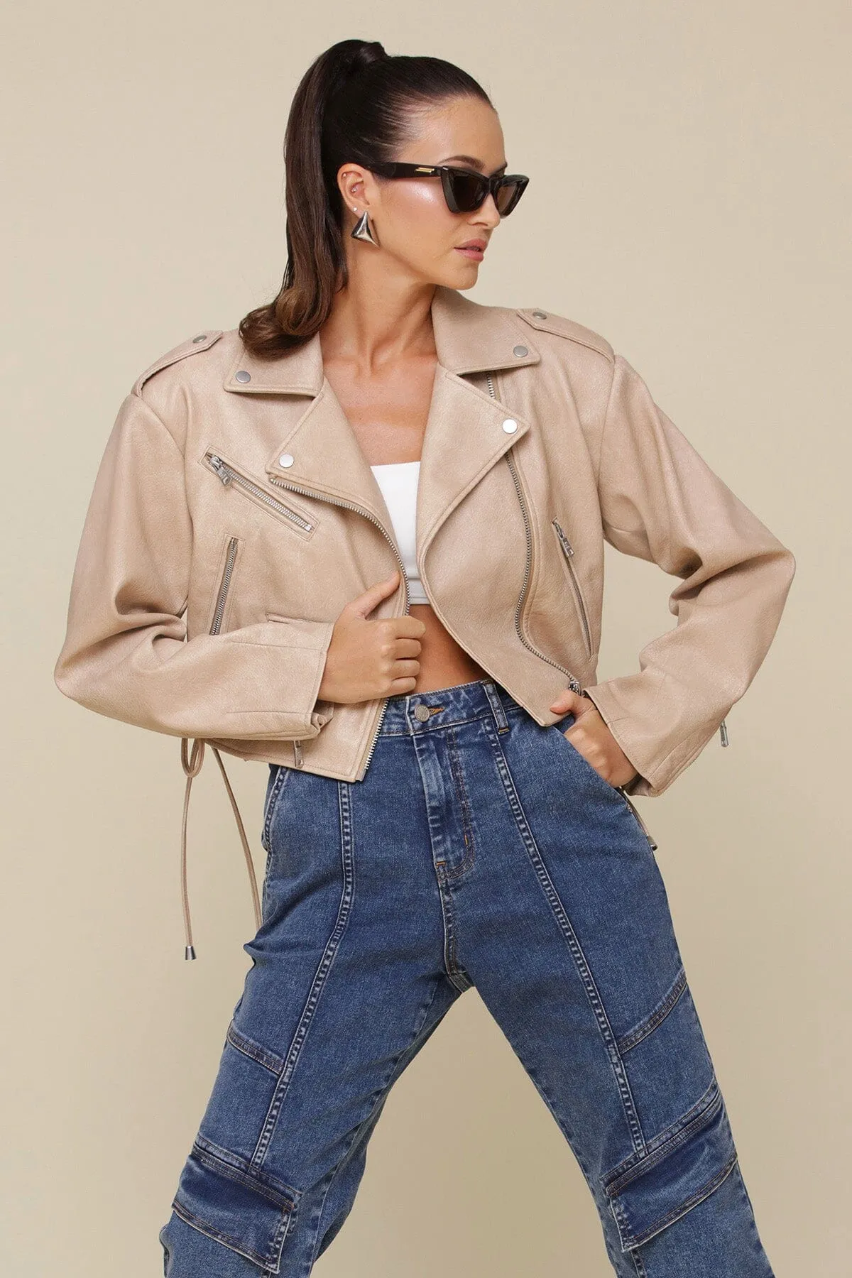 Faux-Ever Leather™ Cropped Lace Up Biker Jacket