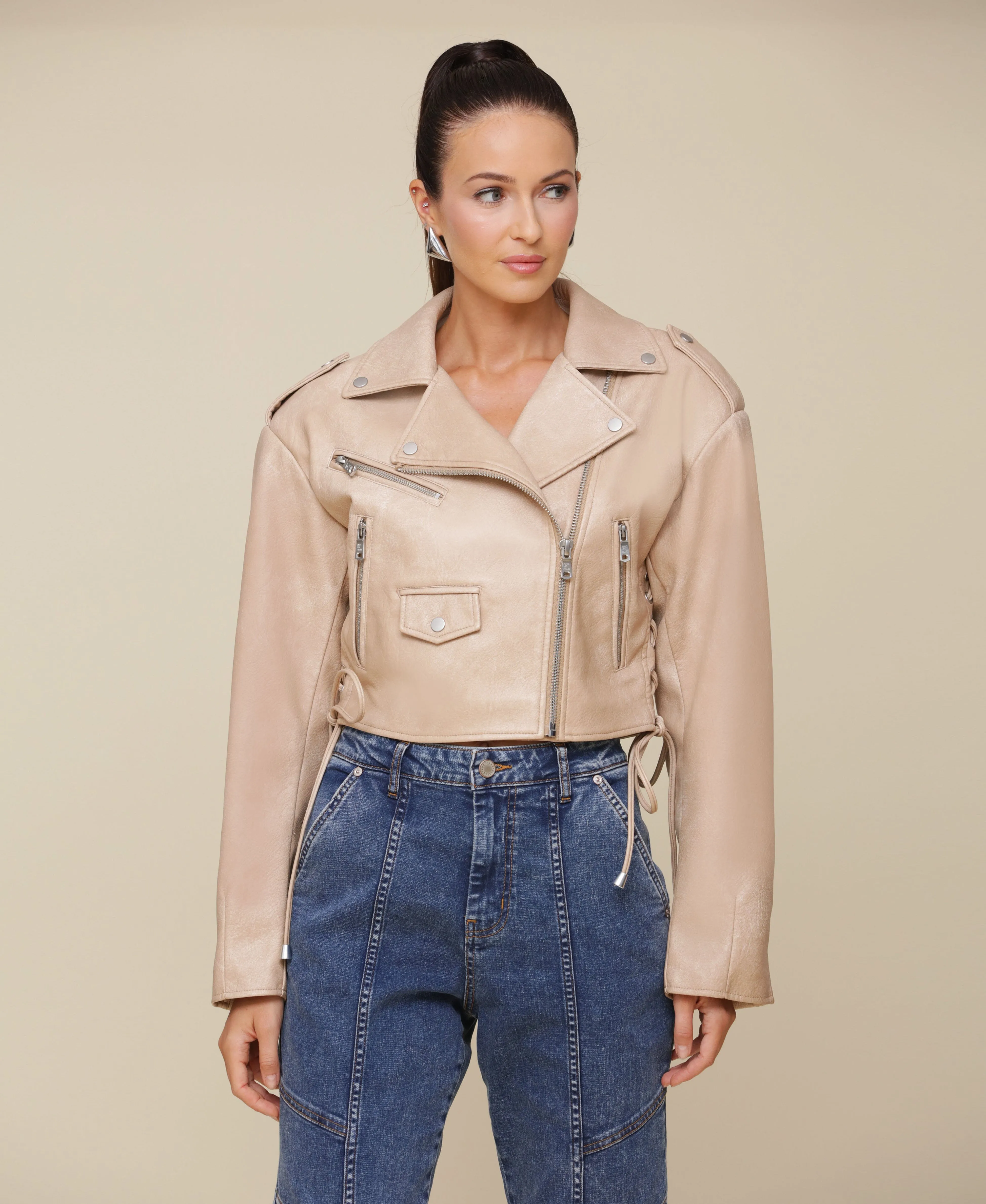 Faux-Ever Leather™ Cropped Lace Up Biker Jacket