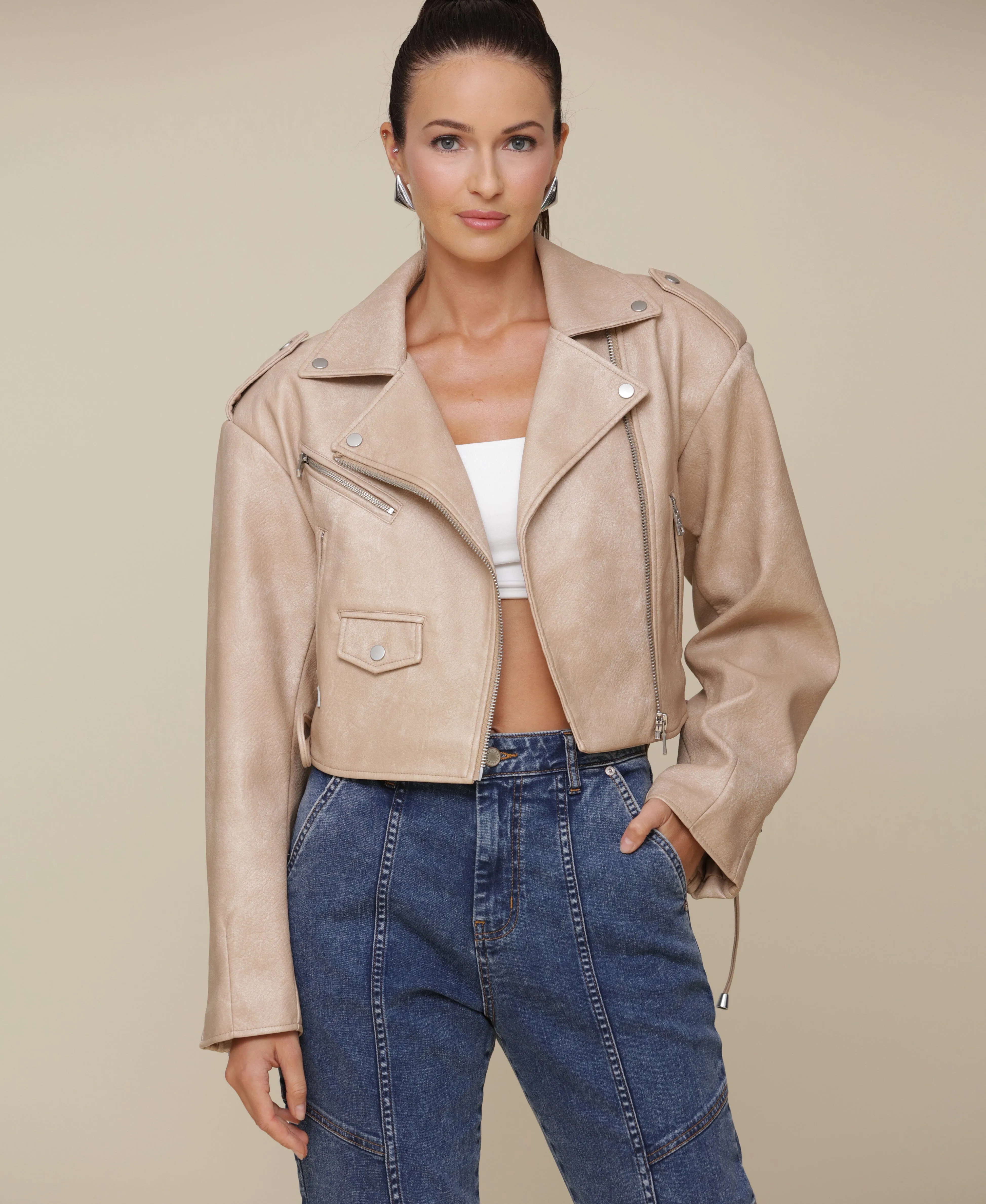 Faux-Ever Leather™ Cropped Lace Up Biker Jacket