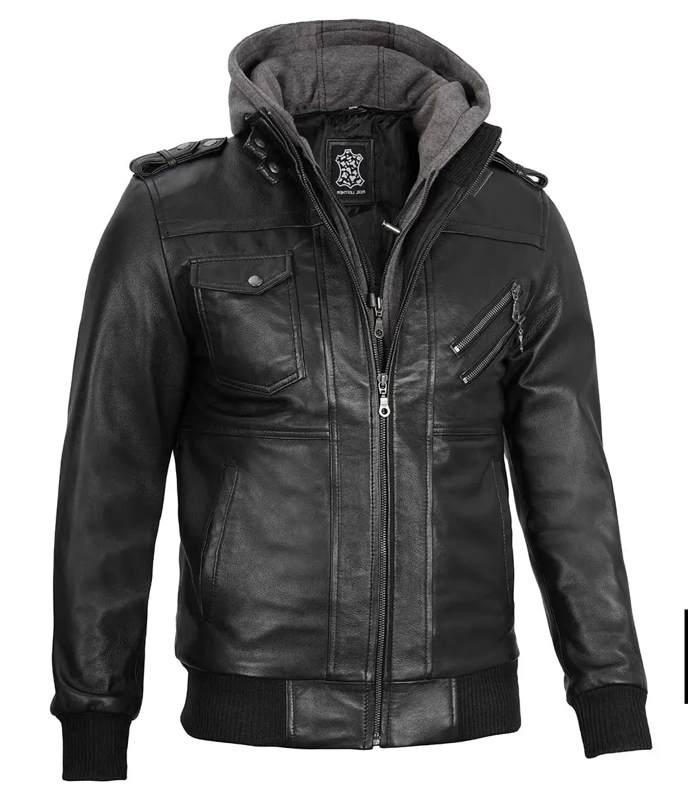 Ferndale Men's Black Bomber Leather Jacket with Removable Hoodie