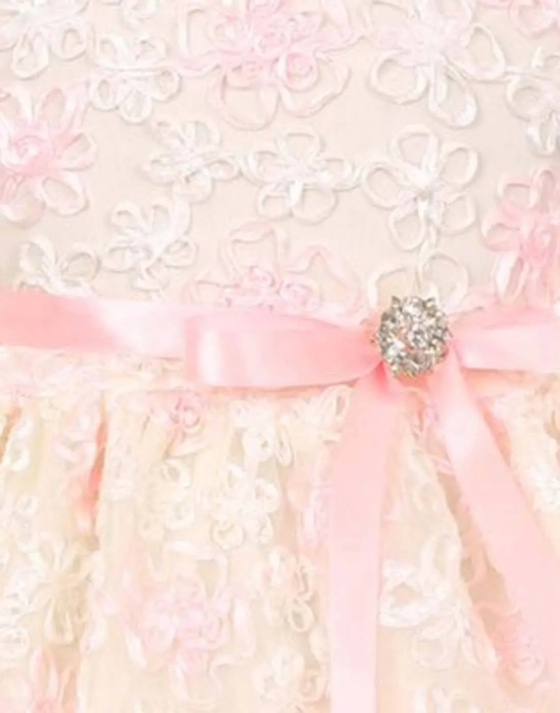 Floral Embroidered Lace dress with a Rhinestone Brooch - Ivory