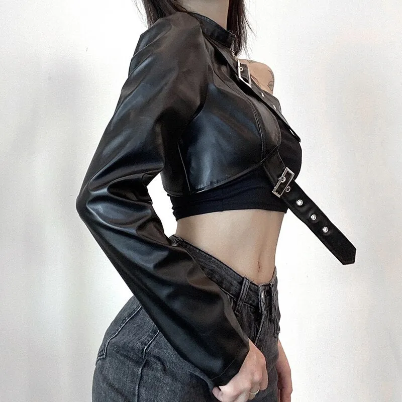 Hip Hop Fashion PU Leather Jacket Women Metal Buttons One shoulder Sexy Punk Streetwear Halter Crop Top Goth Techwear