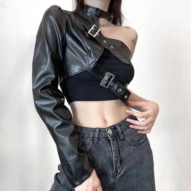 Hip Hop Fashion PU Leather Jacket Women Metal Buttons One shoulder Sexy Punk Streetwear Halter Crop Top Goth Techwear