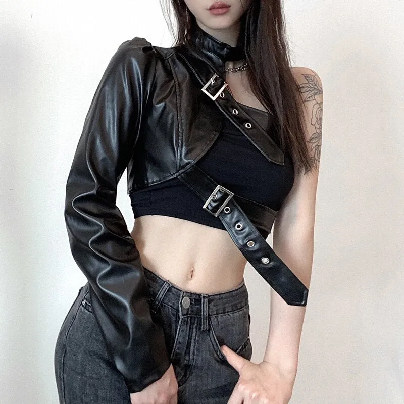 Hip Hop Fashion PU Leather Jacket Women Metal Buttons One shoulder Sexy Punk Streetwear Halter Crop Top Goth Techwear