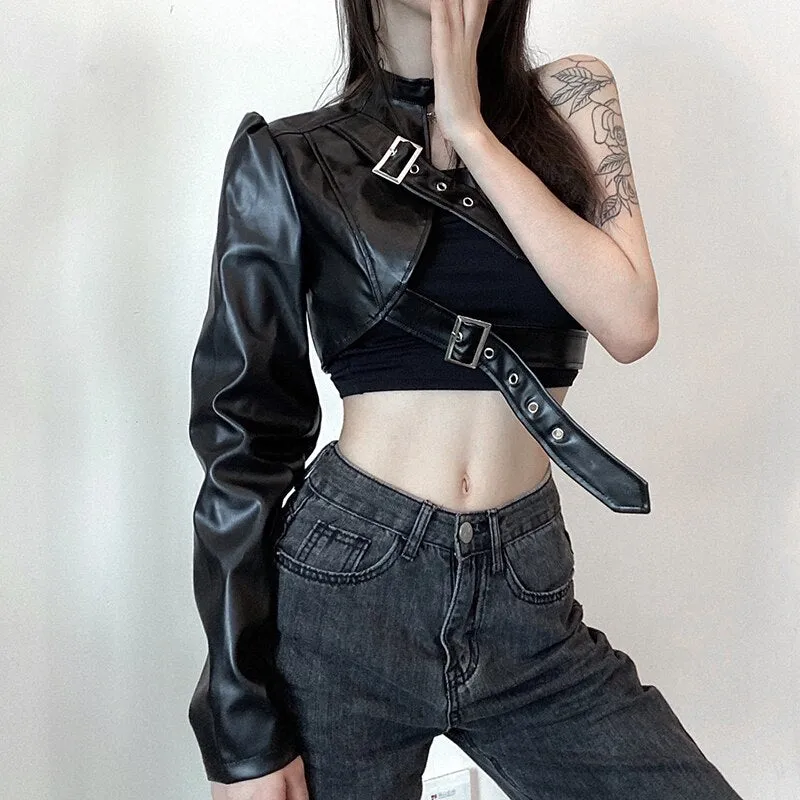 Hip Hop Fashion PU Leather Jacket Women Metal Buttons One shoulder Sexy Punk Streetwear Halter Crop Top Goth Techwear