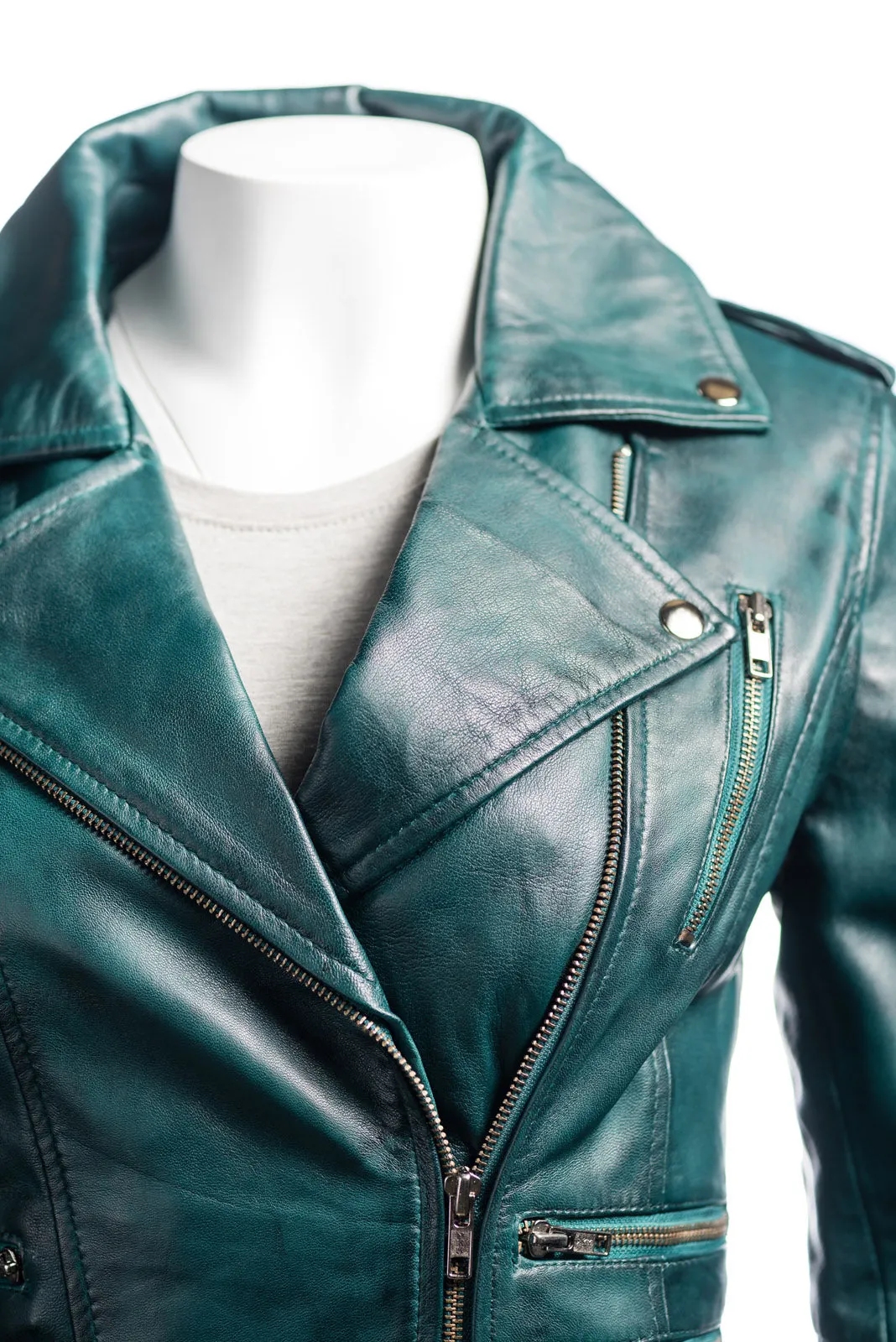 Ladies Teal Buckled Asymmetric Biker Style Leather Jacket: Angelica