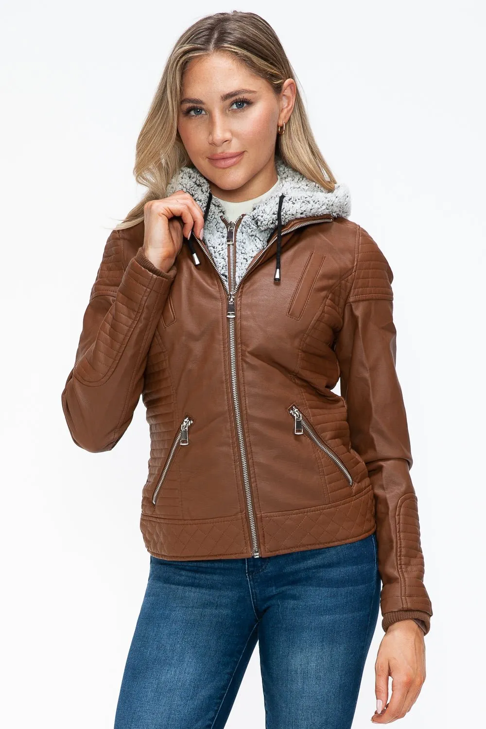 Layered Look Vegan Leather Jacket in Rust