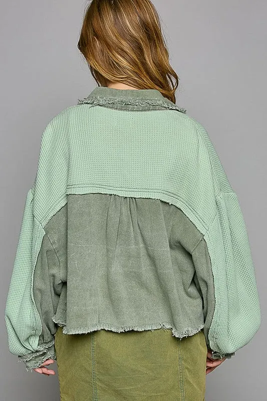 POL Gum Leaf Waffle Knit Raw Hem Contrast Button Up Jacket