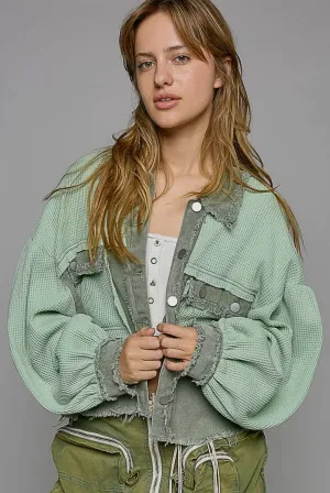 POL Gum Leaf Waffle Knit Raw Hem Contrast Button Up Jacket