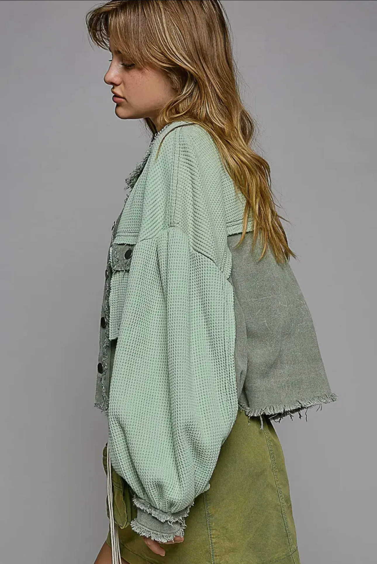 POL Gum Leaf Waffle Knit Raw Hem Contrast Button Up Jacket