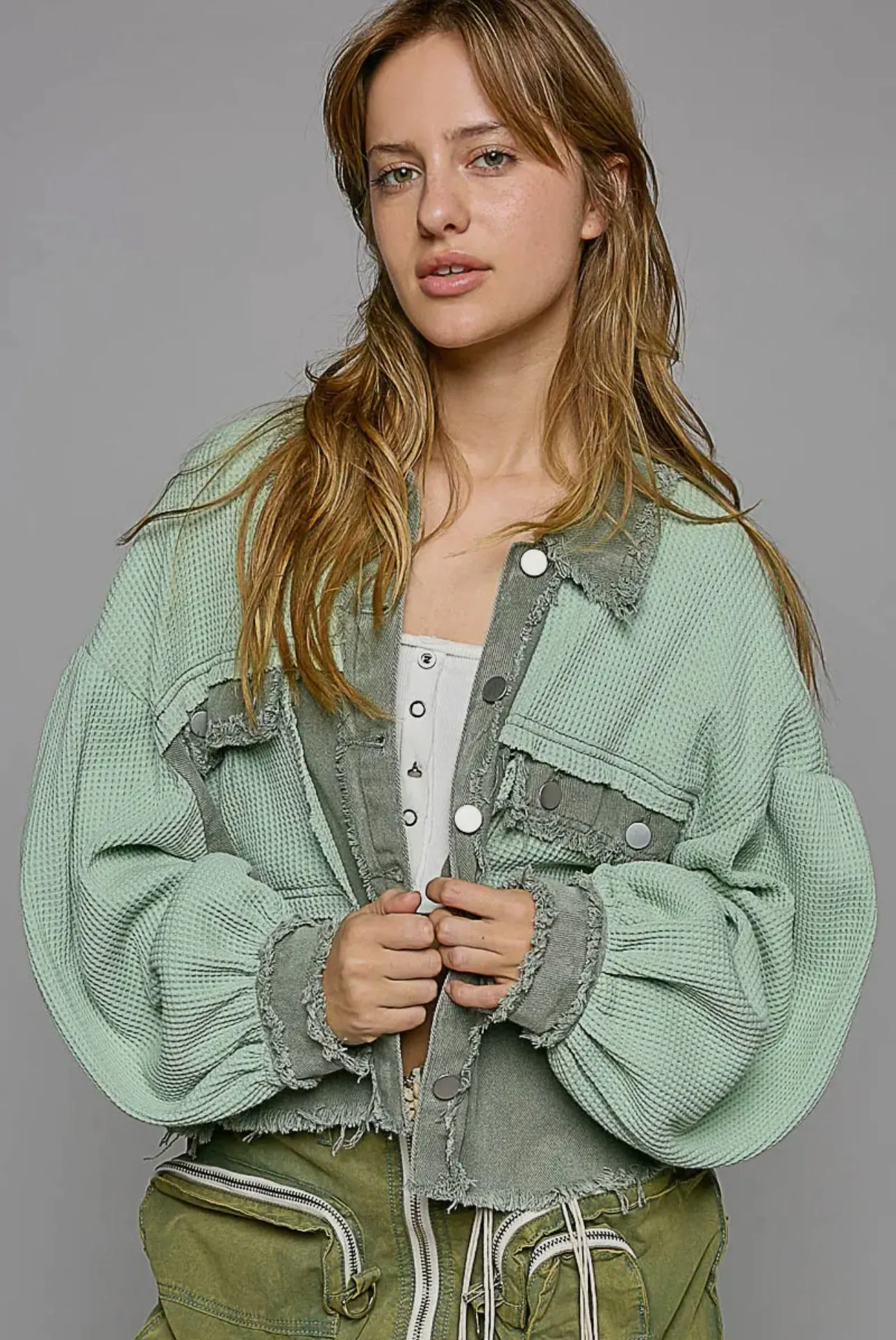 POL Gum Leaf Waffle Knit Raw Hem Contrast Button Up Jacket
