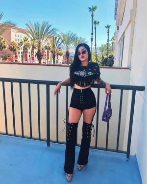 Retro high waist cutout lace up flare bell jeans