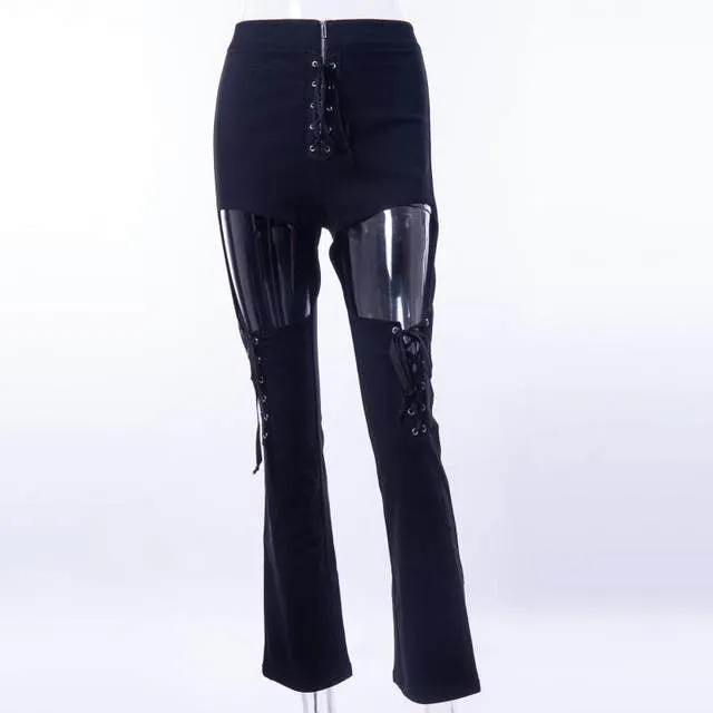 Retro high waist cutout lace up flare bell jeans