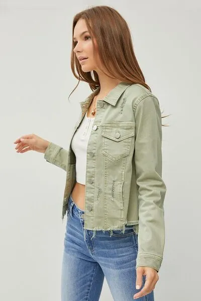 RISEN Raw Hem Button Up Cropped Denim Jacket