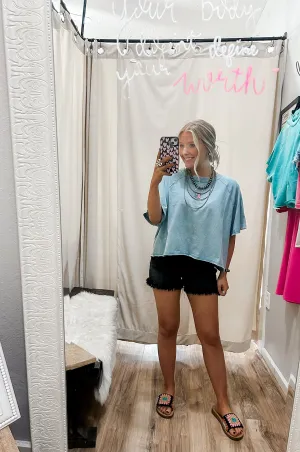Tina Blue Grey Oversized Acid Wash Crop Tee