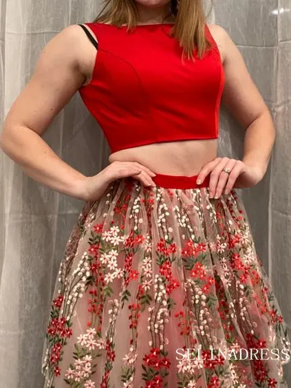 Two Pieces Floral Homecoming Dress Tulle Short Prom Dress EWR414