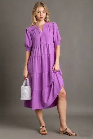 Umgee Solid Color A-Line Tiered Midi Dress with Piping Details in Orchid
