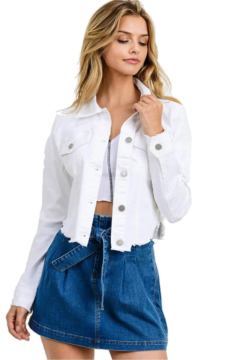 Women Raw Cut Denim Jacket Without Hood