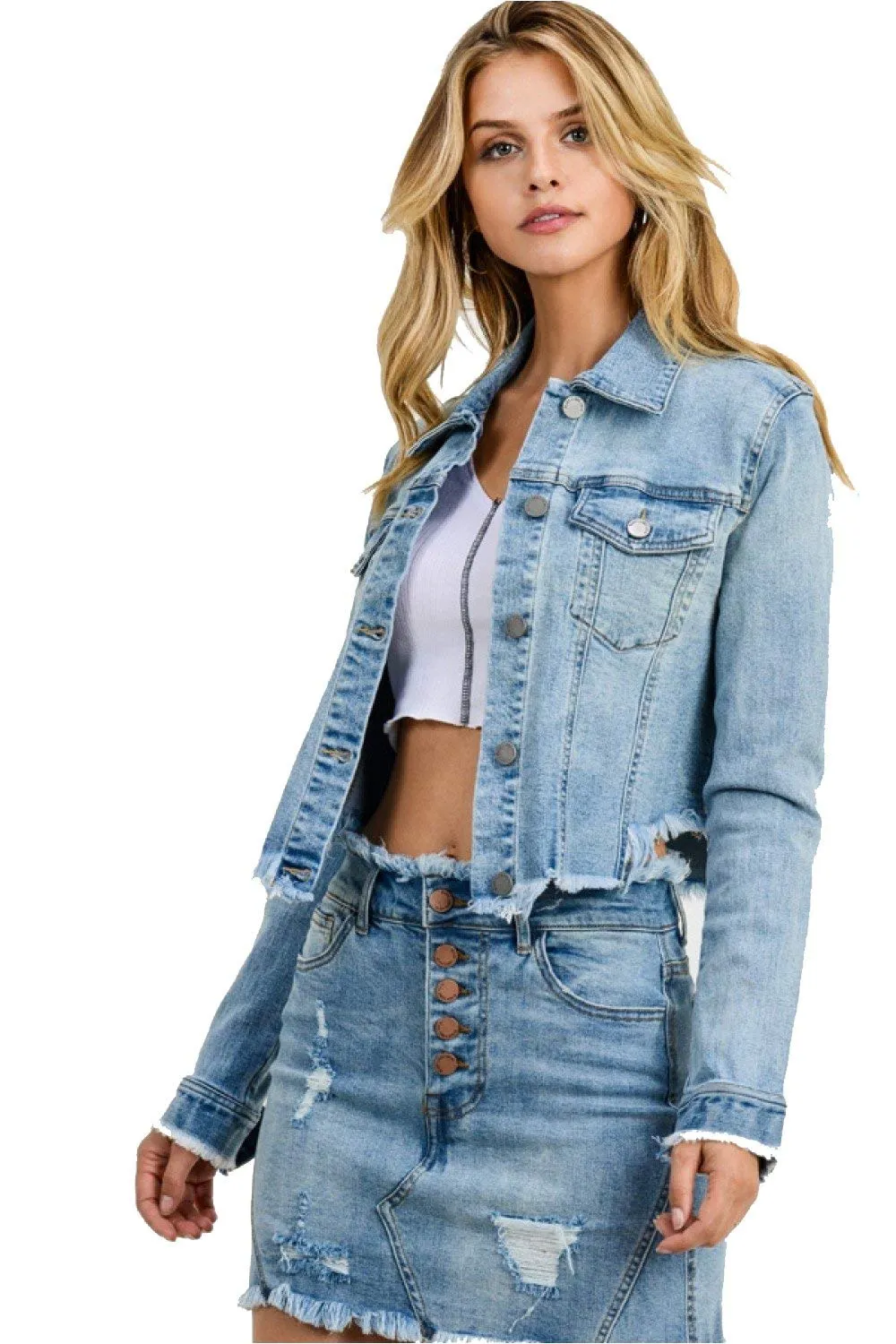 Women Raw Cut Denim Jacket Without Hood