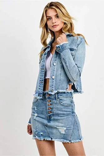 Women Raw Cut Denim Jacket Without Hood