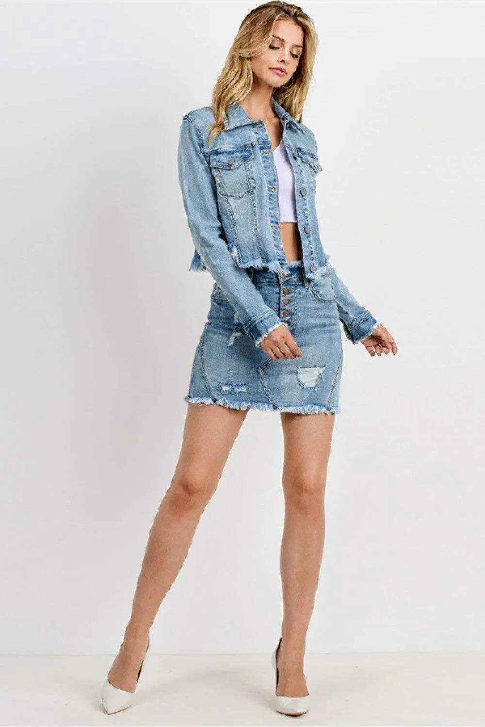 Women Raw Cut Denim Jacket Without Hood