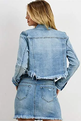 Women Raw Cut Denim Jacket Without Hood