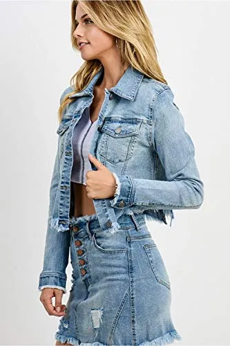 Women Raw Cut Denim Jacket Without Hood