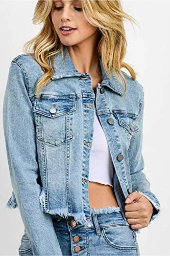 Women Raw Cut Denim Jacket Without Hood