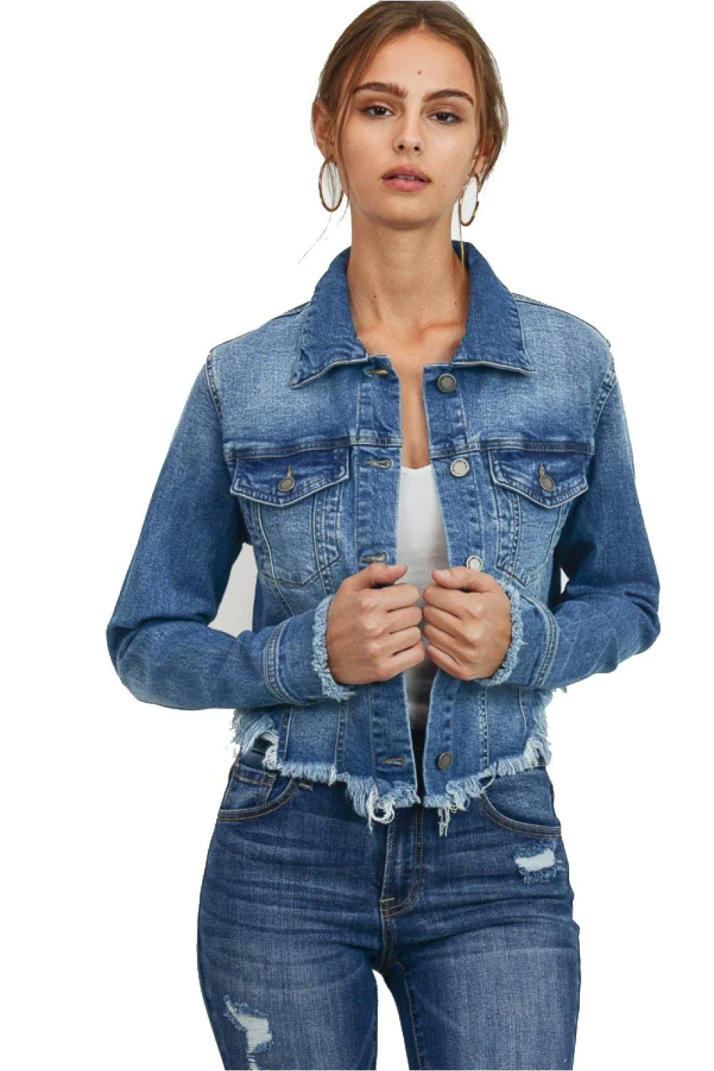 Women Raw Cut Denim Jacket Without Hood