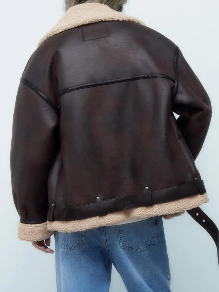 Women's Faux Lamb Fur Thick Warm Jacket Mid Length with Belt