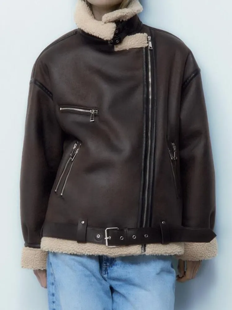 Women's Faux Lamb Fur Thick Warm Jacket Mid Length with Belt