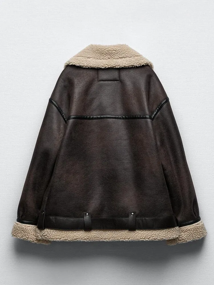 Women's Faux Lamb Fur Thick Warm Jacket Mid Length with Belt