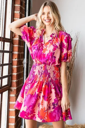 Women's Floral Short Sleeve Smocked Mini Dress