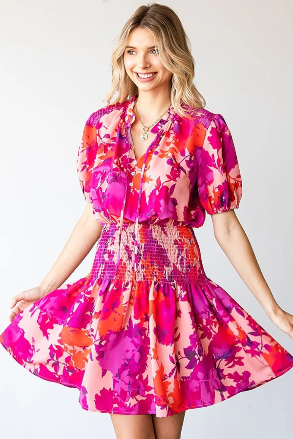 Women's Floral Short Sleeve Smocked Mini Dress